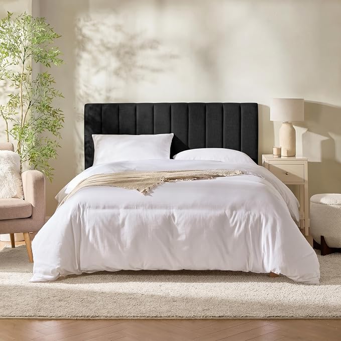 Hearth & Harbor Wall Mounted Queen Headboard Only, Bed Headboard Queen Size | Easy Assemble, Floating Peel and Stick, Upholstered, Channel Stitched, 3D Wall Panels, 5 Strips of 3M Tape Included, Black