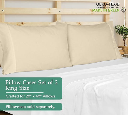 Royale Linens King Pillowcase Set of 2 - Bed Pillow Cover - 20" x 40" -Sand Pillowcases - 1800 Brushed Microfiber, Wrinkle & Fade Resistant - Soft & Cozy- King Size Pillow Case (Sand)