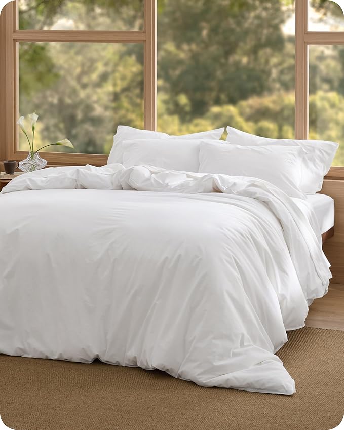 Bedsure Cotton Duvet Cover Queen Size - Luxury Slub Weave 100% Cotton Duvet Cover Set, PureWoven Bedding Set with a Linen Like Textured, Easy Change, Bright White, 90" x 90"