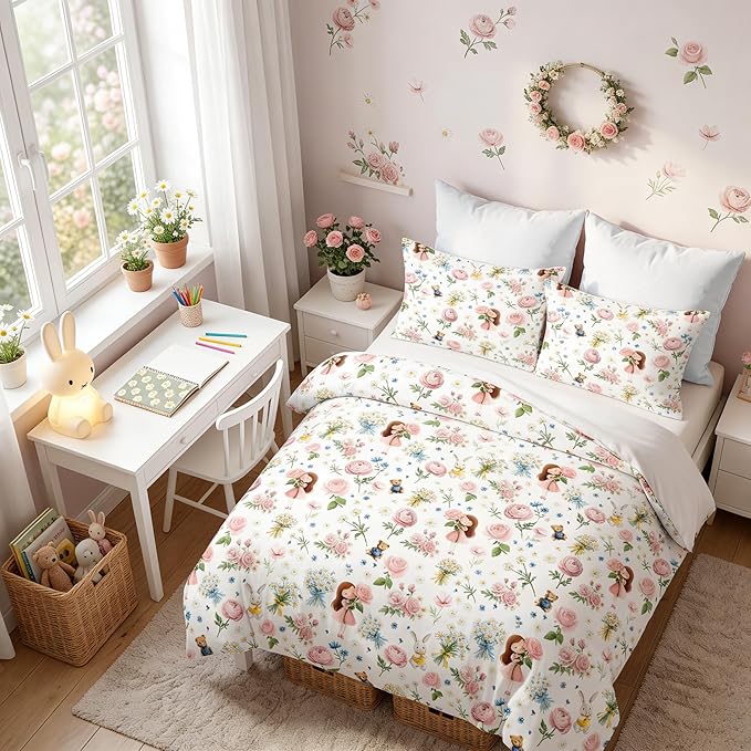 Girls Priness Botanical Comforter Set Full Size, 3Pcs Pink Rose Bedding for Kids Kawaii Bedroom Decor, Cute Priness Girly Rabbit Bear Comforter Set with 2 Pillowcases, 79"x90"