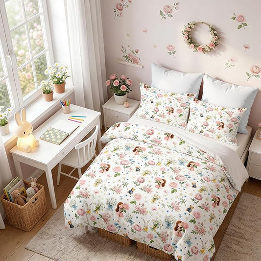 Girls Priness Botanical Comforter Set Full Size, 3Pcs Pink Rose Bedding for Kids Kawaii Bedroom Decor, Cute Priness Girly Rabbit Bear Comforter Set with 2 Pillowcases, 79"x90"