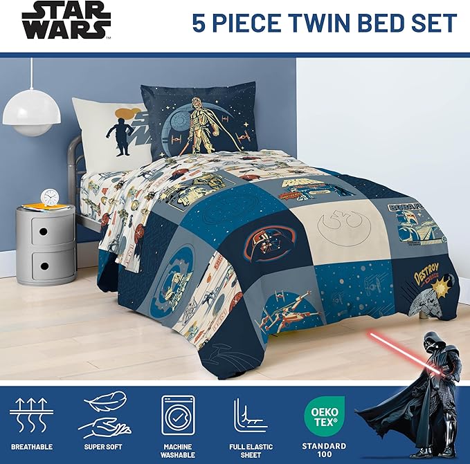 Jay Franco Kids Comforter Set Includes Sheets and Pillow Covers - Soft and Cozy Bed Set for Stylish Room Decor, Blue - Star Wars 01, 5 Piece Twin Bedding