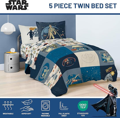 Jay Franco Kids Comforter Set Includes Sheets and Pillow Covers - Soft and Cozy Bed Set for Stylish Room Decor, Blue - Star Wars 01, 5 Piece Twin Bedding