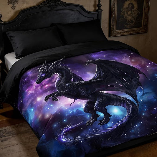 Kids Dragon Bedding Set for Boys, Purple Blue Outer Space Comforter Set Twin Size, Fairy Tale Style Quilted Bed Set for Children Teens Room Decor/68 * 86