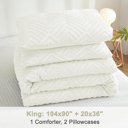 Litanika Ivory King Size Comforter Set, 3 Pieces Tufted Boho Farmhouse Bedding Comforter Sets, Lightweight Fluffy Comforter Bed Set for All Season (104x90In Comforter and 2 Pillowcases)