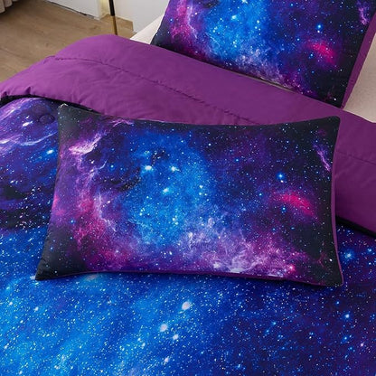 NINENINE Galaxy Bedding 5PCS Twin Size Comforter Sets for Girls Purple Bedding Set Bed in a Bag Space Bedding Set(1Comforter, 1Flat Sheet, 1Fitted Sheet, 2Pillowcases)…