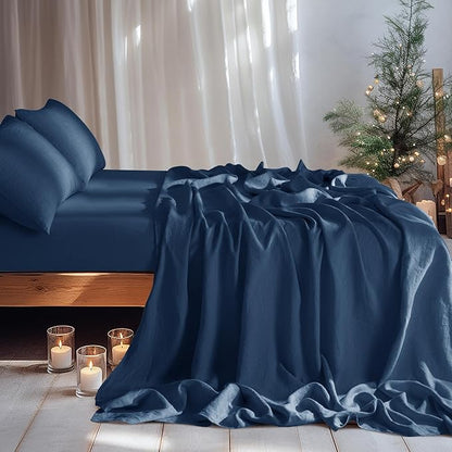 LBRO2M 100% Pure Linen Sheet Set Deep Pocket Up to 16" Bed Sheets Sets, Natural Flax Beddings Soft, Breathable, Comfortable for All Seasons 4 Pcs Sheet Set Full Size, Navy Blue