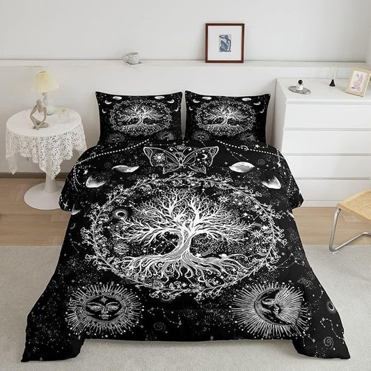Feelyou Sun and Moon Comforter Bohemian Tree Butterfly Style Bedding Set Psychedelic Hippie Comforter Set for Boys Girls Children Teens Bedroom Decor Galaxy Astrology Duvet Set Toddler Size