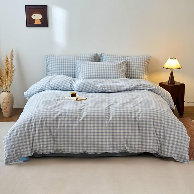 Blue Gingham Full Duvet Cover Set Washed Cotton Boho Full Size Comforter Cover Soft Pattern Checkered Zipper Duvet Cover Set with 2 Pillow Cases Farmhouse Dorm Bedding Set Plaid Duvet Protector