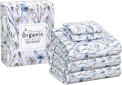 RUVANTI 100% Organic Cotton Sheets Split King, Percale Weave, GOTS Certified, 5-Piece Set, Deep Pocket 15", Crisp & Breathable, Soft Durable Bedding, Sábanas Algodón Orgánico – Daisy Bud