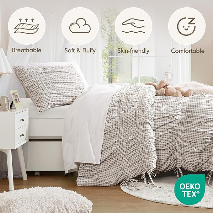 Intelligent Design Ella Twin Comforter Set – Ruched Gingham Shabby Chic Bedding, Bow-Tie Detail, All Season Lightweight 3 Piece Bedding Set, Sham, Twin/Twin XL, Brown