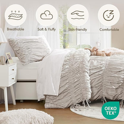 Intelligent Design Ella Twin Comforter Set – Ruched Gingham Shabby Chic Bedding, Bow-Tie Detail, All Season Lightweight 3 Piece Bedding Set, Sham, Twin/Twin XL, Brown