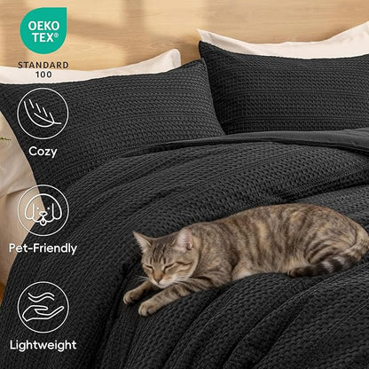 PHF Soft Waffle Comforter Set Queen Size- Comfy Breathable Waffle Weave Comforter with 2 Pillow Shams, 3 Pieces Less Snagging Lightweight Textured Bedding Set for All Season, Black