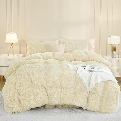 Andency Faux Fur Beige Comforter Set Queen Size, 3 Pieces Fluffy Fuzzy Plush Bedding Comforter Set (1 Shaggy Velvet Comforter & 2 Pillowcases), Soft Puffy Comfy Down Alternative Comforter Bedding Set