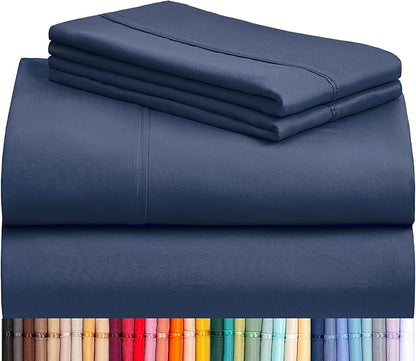 LuxClub 4 PC California King Sheet Set, Breathable Luxury Bed Sheets, Deep Pockets 18" Wrinkle Free Cooling Sheets Machine Washable Hotel Bedding Silky Soft - Navy Cal King