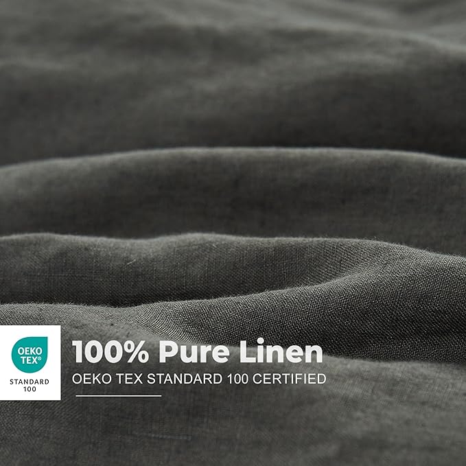 Simple&Opulence 100% Washed Linen Duvet Cover with Embroidered, 2 Pieces Soft Farmhouse Comforter Set with Button Closure,1 Duvet Cover and 1 Pillowsham(Twin,Charcoal Grey)