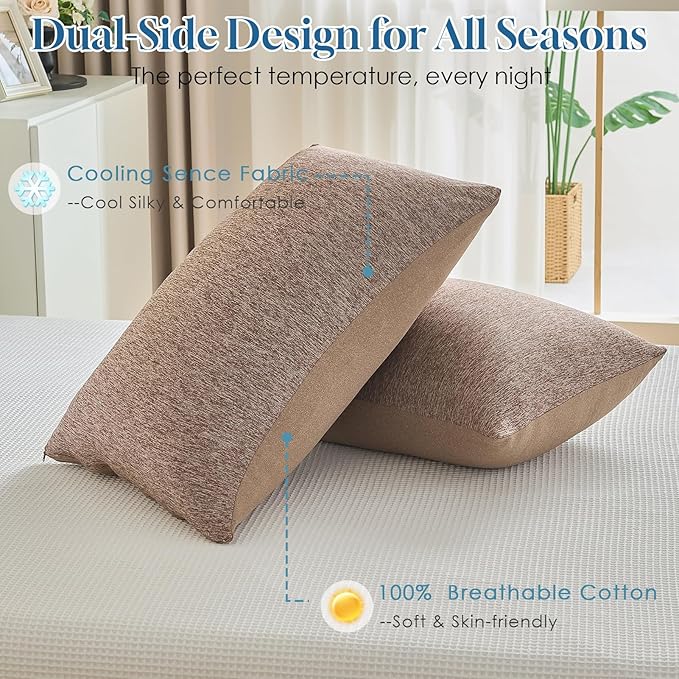 CHOSHOME Cooling Pillow Cases Zipper Pillow Covers Q-Max > 0.45 Zippered Pillowcases for Hot Sleepers, Soft, Breathable, Skin-Friendly, 2 Pack (Standard, 20"x26", Brown)