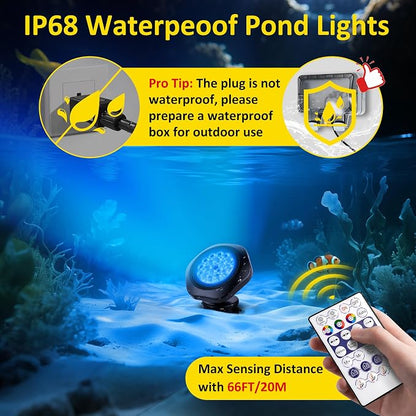 T-SUN RGB LED Underwater Pond Lights with APP and Remote Control 2 Pack | Color Changing Fountain Lights Led Underwater, IP68 Waterproof Submersible Pond Lights for Outdoor Pond Koi Aquarium Garden
