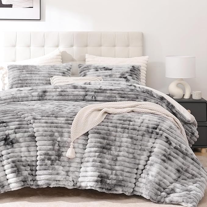 Smoofy Fluffy Full Size Comforter Sets 3 Pieces - Tie-dye Grey Fleece Fluffy Comforter Set, Luxury Fuzzy Full Bed Set, Soft Comforter Full Size All Season, Heavy Faux Fur Comforter with 2 Pillow Cases