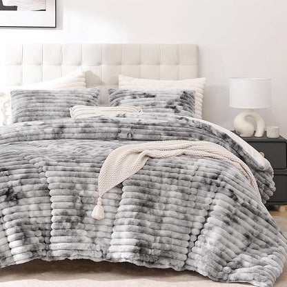 Smoofy Fluffy Full Size Comforter Sets 3 Pieces - Tie-dye Grey Fleece Fluffy Comforter Set, Luxury Fuzzy Full Bed Set, Soft Comforter Full Size All Season, Heavy Faux Fur Comforter with 2 Pillow Cases