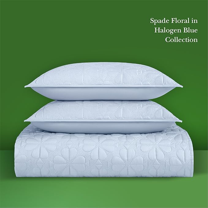 kate spade new york Spade Floral 3-Piece King Quilt Bedding Set, 100% Cotton Sateen Reversible Cover, All Season Warmth Bedding, Machine Washable, Halogen Blue