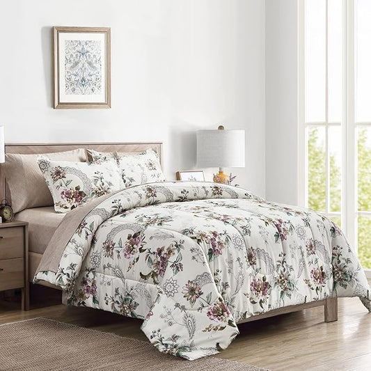 7 Pieces Bed in a Bag King Comforter Set with Sheets, Beige Floral Design, Soft Microfiber Bedding Sets for All Season (1 Comforter, 2 Pillow Shams, 1 Flat Sheet, 1 Fitted Sheet, 2 Pillowcases)