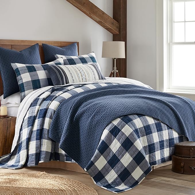 Levtex Home - Camden Bedspread Set - Full Bedspread (96 x 110 in.) + Two Standard Pillow Shams (26 x 20 in.) - Buffalo Check in Navy and Cream - Reversible Pattern - Cotton