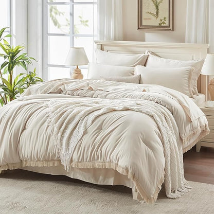 Andency Beige California King Size Comforter Set with Sheets - 7 Pieces Boho Tassel Bed in a Bag Soft Lightweight Bedding Sets, Fringe Bed Set with Comforter, Sheets, Pillowcases & Shams