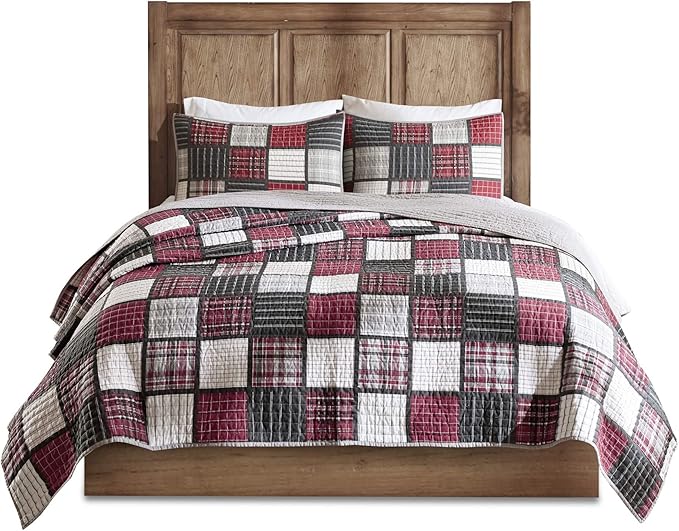 Woolrich Reversible Quilt Cabin Lifestyle Design - All Season, Breathable Coverlet Bedspread Bedding Set, Matching Shams, Oversized King/Cal King, Tulsa Plaid Red/Grey 3 Piece