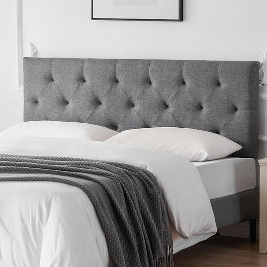 Linen Headboard King Size, Adjustable Height Headboard 37-51 in, Light Gray | Diamond Tufting Solid Wood King Headboards, Durable Metal Legs, Upholstered King Head Board for Bed Frame, Modern Fabric