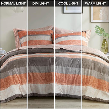 Madison Park Essentials Jaxon Cal King Comforter Set, Bed in A Bag Comforter & Sheet Set, Modern Casual Stripes Print, All Seasons, Soft Bedding Makeover, Matching Sham, Cal King Coral/Grey 7 Piece