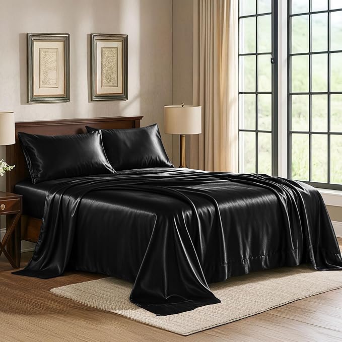 Pure Bedding Satin Sheets Twin [3-Piece, Black] Hotel Luxury Silky Bed Sheets - Extra Soft 1800 Microfiber Sheet Set, Wrinkle, Fade, Deep Pocket Fitted Sheet, Flat Sheet, Pillow Cases