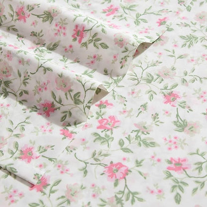 Laura Ashley - Full Sheet Set, Super Soft Cotton Percale Bedding Set with Matching Shams, Oeko-Tex Certified (Bonnie Pink, Full)