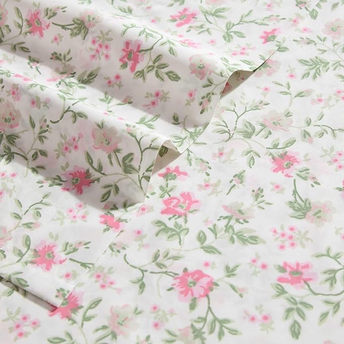 Laura Ashley - Queen Sheet Set, Super Soft Cotton Percale Bedding Set with Matching Shams, Oeko-Tex Certified (Bonnie Pink, Queen)
