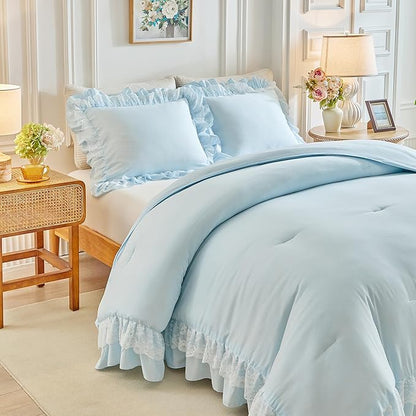 Joyreap Twin Size Comforter Set Blue, 3pcs Lace Ruffled Bedding Comforter Set, Microfiber Vintage Boho Chic Bedding Set for All Season- 68x88 inches