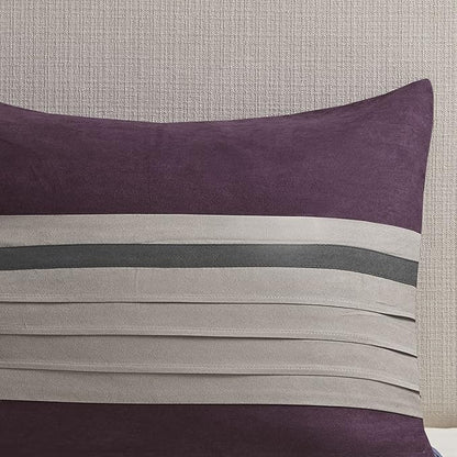 Madison Park Palmer Comforter Set - Faux Suede Design, Striped Accent, All Season Bedding, Shams, Decorative Pillow, Bed Skirt, Queen (90 in x 90 in), Purple 7 Piece