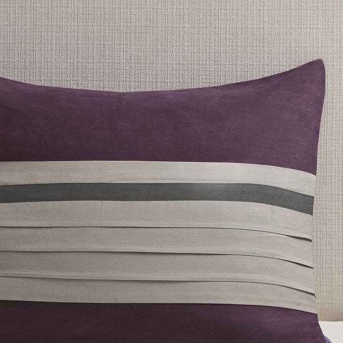 Madison Park Palmer Comforter Set - Faux Suede Design, Striped Accent, All Season Down Alternative Bedding, Matching Shams, Decorative Pillow, Bed Skirt, Full (82 in x 90 in), Purple 7 Piece