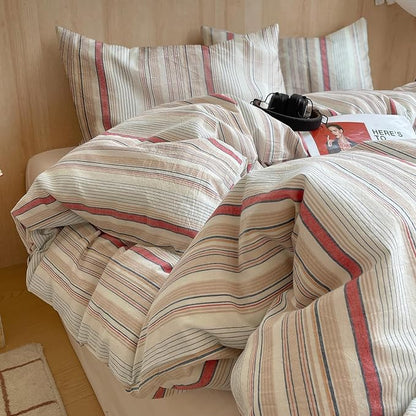 EAVD Geometric Striped Duvet Cover Queen 100% Washed Cotton Multi-Color Pinstriped Bedding Set with 2 Pillowcases Modern Farmhouse Geometric Pattern Duvet Cover with Zipper Closure