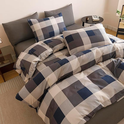 CLOTHKNOW Blue Plaid Queen Comforter Set Gingham Buffalo Bedding Comforter Sets Geometric Comforter Queen Sets with 2 x Pillow Cases