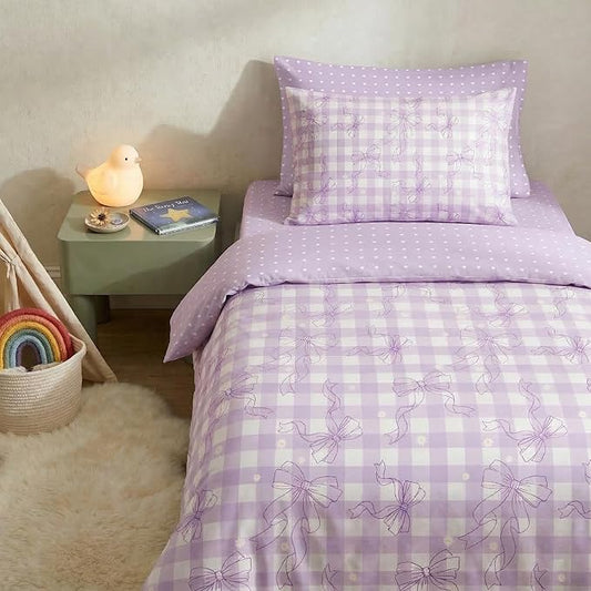 Light Purple Bowknot Comforter Set Twin Size for Girls, Gingham Bedding with Heart Pattern, 2 Pcs Checkered Plaid Quilted Comforter Set with 1 Pillowcase, 68"x86"