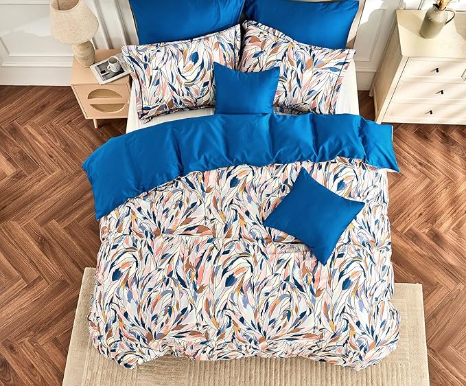 King Size Duvet Cover Set with Button Closure - Multicolor Leaves Botanical Luxury Bedding for a Comfortable Sleeping