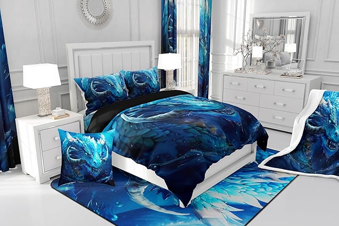 Vivid Dragon Comforter Set Queen Size,Gothic Nature Animal Bedding Set for Kids Boys Teens Men Room Decor,Western Magical Dragon Duvet Insert 3Pcs,Boho Exotic Wildlife Soft Quilt Set,2 Pillowcases