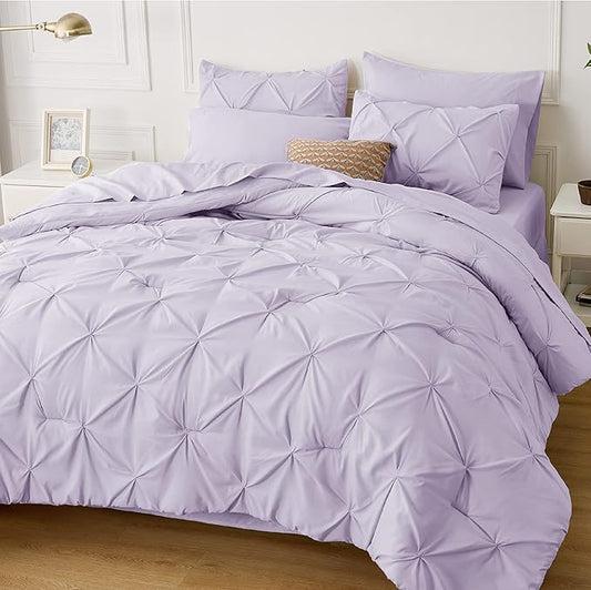 Bedsure Twin XL Comforter Set - Extra Long 5 Pieces Dorm Bedding Sets, GentleSoft™ Pinch Pleat Light Purple Bed in a Bag with Pintuck Comforter, Sheets, Pillowcase & Sham