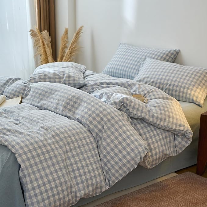 EAVD Vintage Style Blue&White Plaid Gingham Duvet Cover Queen Soft 100% Washed Cotton Chic Grid Checkered Bedding Set with 2 Pillowcases Farmhouse Blue Plaid Duvet Cover with Zipper Closure