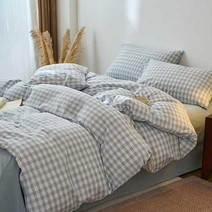 EAVD Vintage Style Blue&White Plaid Gingham Duvet Cover Queen Soft 100% Washed Cotton Chic Grid Checkered Bedding Set with 2 Pillowcases Farmhouse Blue Plaid Duvet Cover with Zipper Closure