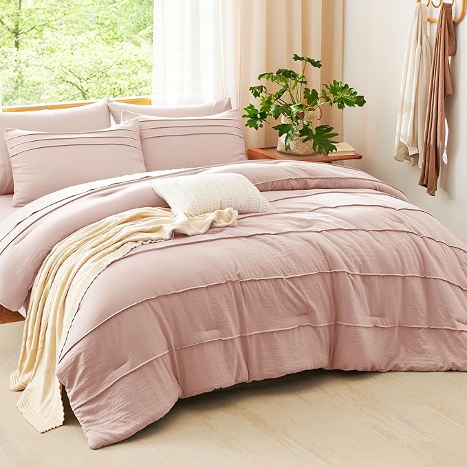 CozyLux Queen Comforter Set Pink, 7 Pieces Soft Pinch Pleat Bed in a Bag Queen Comforter Set with Sheets, Boho Bed Set with Down Alternative Comforter, Sheets, Pillowcases & Shams