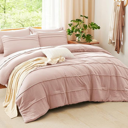 CozyLux Queen Comforter Set Pink, 7 Pieces Soft Pinch Pleat Bed in a Bag Queen Comforter Set with Sheets, Boho Bed Set with Down Alternative Comforter, Sheets, Pillowcases & Shams