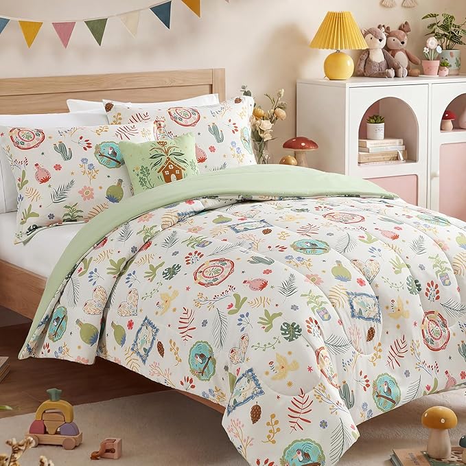 Twin Comforter Set for Girls-3 Pieces Forest Friends Twin Bedding Set with 1 Comforter, 1 Decor Pillow, 1 Pillow Sham