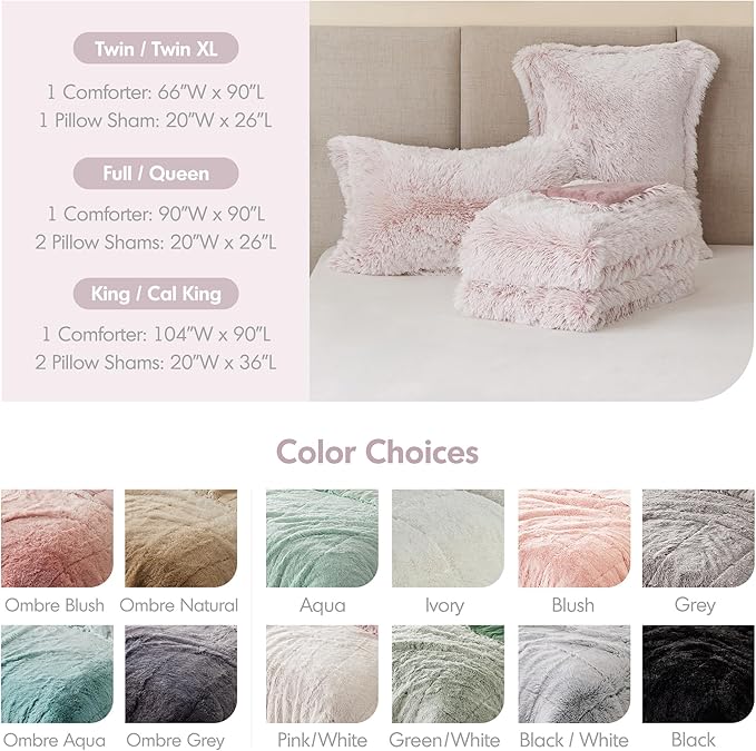 Intelligent Design Queen Comforter Set Fur-Like Shaggy Comforters for Queen Size Bed Warm, Fuzzy Bedding, All Season Luxurious Comforters Queen Size Bed Set, Malea, Full/Queen, Pink/White 3 Piece
