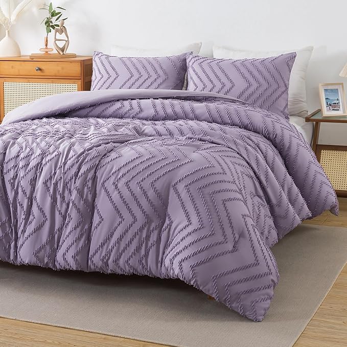 Andency Purple Comforter Set Full Size, Boho Girls Women Lavender Soft Fluffy Warm Lightweight Bedding Comforter Sets for Full Bed, 3 Pieces Chevron Tufted Aesthetic Microfiber Comforter Set